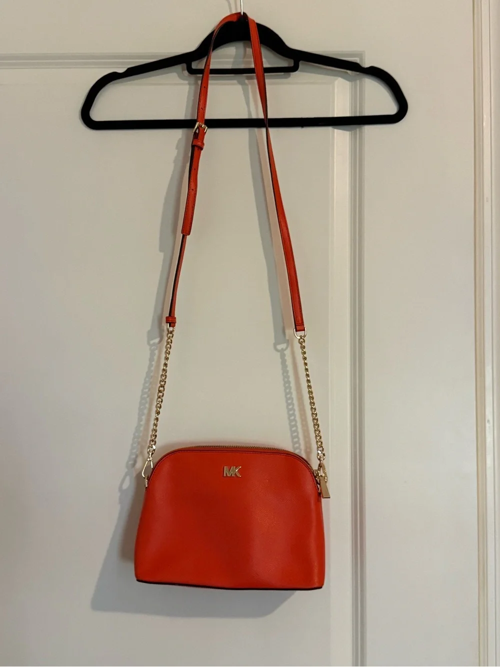 Michael Kors Tan-Orange Leather Dome Crossbody with Gold MK Logo